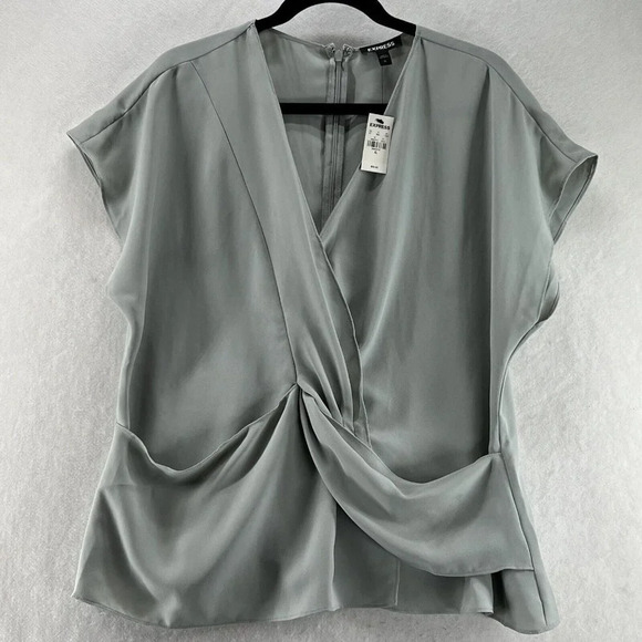 EXPRESS Blouse Size XL Crepe Surplice Twist Front Dolman Sleeve Back Zip Gray - Picture 10 of 13